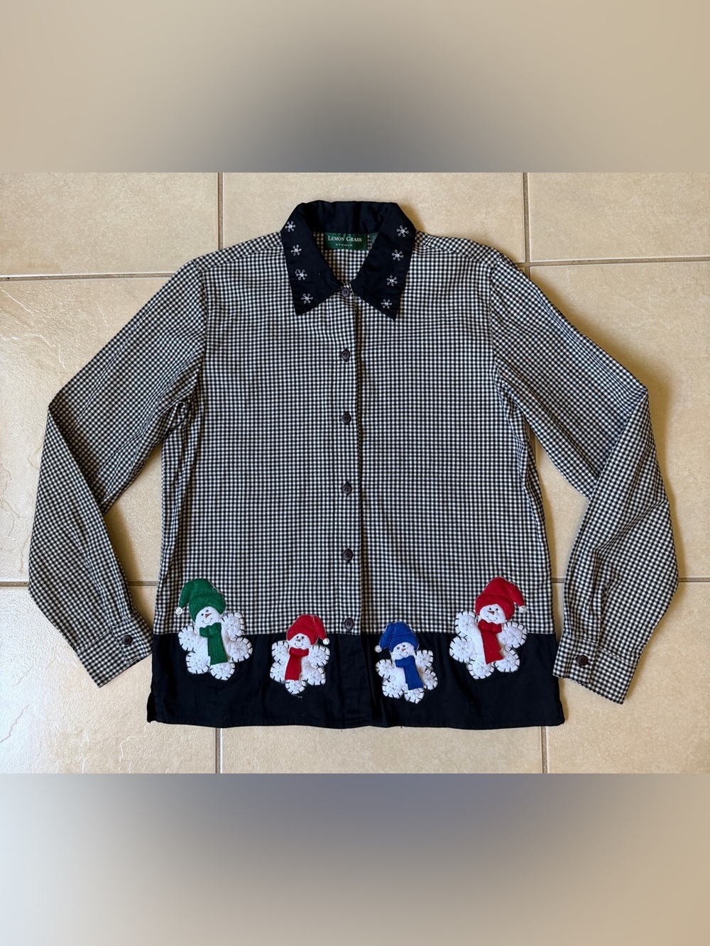 Lemon Grass Studio Womens Gingham Christmas Snowman Button Up Shirt Size S